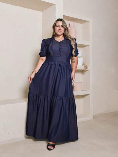 Helena Vestido longo luxo chambray imitacao jeans com gola e botao manga curto