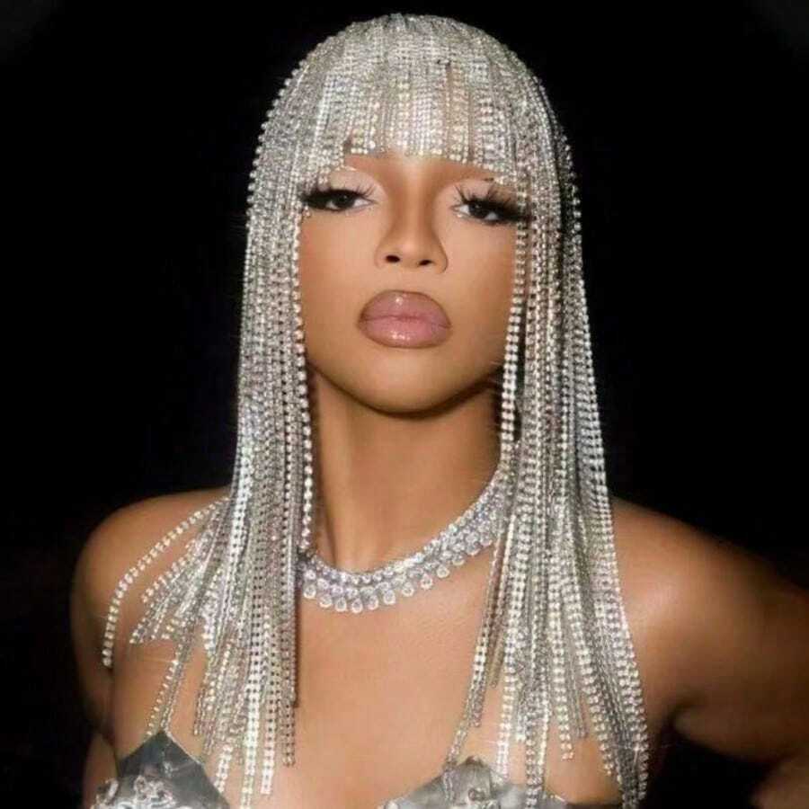 时尚女士闪亮头饰，夜店派对个性化夸张水晶长流苏发箍发链，朋克风格 - 彩色 - 查看 1