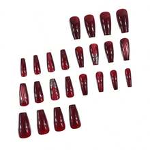 24Pcs Medium-Long Ballet Shaped Nails, Dark Red Tie Dye Floral & Striped Design, Versatile & Brightening, Reusable Nail Tips Suitable For Women & Girls, Music Festival, Valentine'S Day, New Year Party, Comes With 1 Nail Glue Press On Nails Nail Supplies Nails - 彩色 - 查看 5