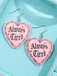 1 Pair Fashionable, Exquisite, Creative, Unique Sparkling "Always Tired" Letter, Pink Lace, Pearl Heart Acrylic Drop Earrings For Women, Suitable For Daily, Party, Commute, Holiday - Multicolor - View 2