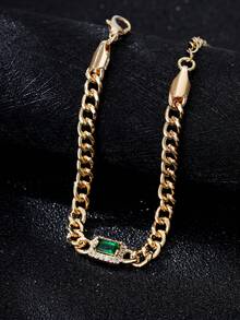 1pc Copper Alloy Elegant Green Cubic Zirconia Inlaid White Edged Rectangular Pendant Necklace Chain Bracelet For Men - Yellow Gold - View 8