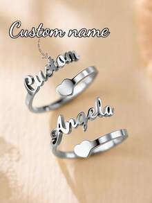Customized Name Ring, Personalized Jewelry, Stainless Steel Gold/Silver Adjustable Ring, Couple Gift - Silver Heart Ring - View 7