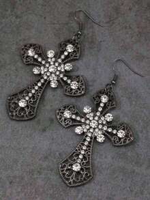 1 Pair Crystal Cross Earrings For Women, Suitable For Daily Wear - Black - View 3