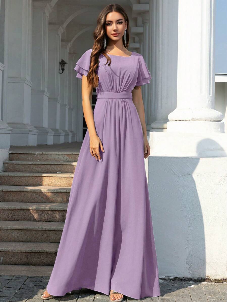 Volly Toych Elegant Modest Chiffon Maxi Bridesmaid Dress With Scoop Neck And Flounce Short Sleeves Draped Ruffle Classy Vacation Style - Dusty Purple - View 1