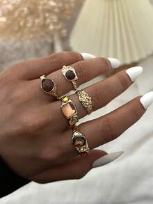 5pcs Vintage Elegant Bohemian Style Women's Irregular Geometric Ruffle Colorful Gemstone Retro Cat Eye Stone Teardrop Sunflower Heart Multi-Element Combination Metal Ring Set, Suitable For Women's Daily, Party, Wedding, Holiday, Valentine's Day, Date Wear, Gift - Gold 6 - View 4