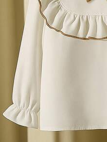 2pcs Young Girls Autumn French Cream Sweet Outfit: Ruffle Trim Top + Pants Set - Beige - View 5
