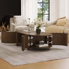 MERAX Oval Fluted Coffee Table With Storage For Living Room, Rubber Solid Wood, 1 Shelf & 2 Open Storage Doors, 47", Walnut - 核桃 - 查看 3