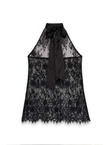 Women's Solid Color Lace-Up Tank Top, Women's Spring/Summer Sheer Lace Top - Black - View 6