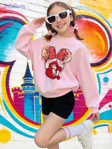1pc Disney Ariel & Minnie Tween Girl Cute Sweatshirt With Cartoon Graffiti-Style Print - Soft, Skin-Friendly For Disney-Themed Gatherings & Casual Outings - 粉色 - 查看 2