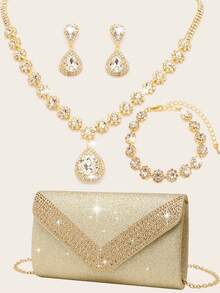 水钻首饰闪亮水滴项链耳环手链套装，可搭配手拿包，适合派对、晚宴等场合，金色亮片水钻翻盖优雅信封手拿包，浪漫婚礼、春夏链条单肩包、新娘包、正式舞会手拿包、优雅晚礼服包，完美搭配节日派对礼服和晚礼服。