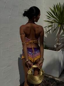 Cccoqdj Women's Sequin Halter Tops Casual Fashion V Neck Cropped Layered Sequin Sparkle Shimmer Camisole Sleeveless Tanks Tops For Party Music Festival Date Night Outfits - 彩色 - 查看 9