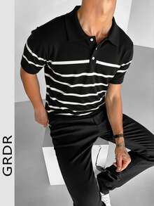 GRDR 男士经典条纹 Polo 领针织短袖毛衣，适合休闲百搭短袖场合 - 黑色 - 查看 6