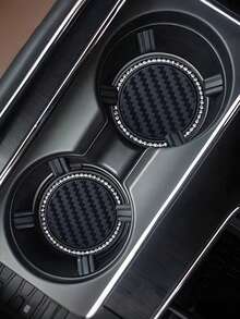 2Pcs Rhinestone-Encrusted Coasters – Car Cup Holder Liner With Crystal Trim,Carbon Fiber Pattern, Anti-Slip Universal Fit For Center Console, Durable PVC & Soft Silicone Insert - Carbon Fiber Textured Coasters - View 10