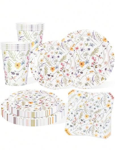 10pcs/50pcs/80pcs Spring Wildflower Party Decorations Include Wild Flower Paper Plates Napkins Cups Tableware Set Table Decor For Floral Birthday Wedding Baby Shower Afternoon Tea Party Supplies