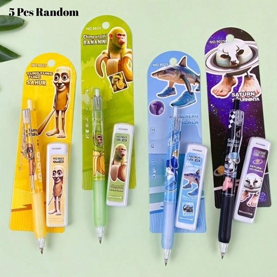 5pcs Italian Surreal Theme Mechanical Pencils - Tung Tung Tung Sahur Pencils, 4 Styles, Tung Tung Tung Sahur Design, Writing Supplies, Valentine's Day, Easter, Back To School, Birthday Party Gifts