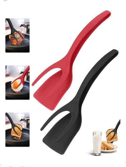2-In-1 Flipper With Pliers - Nylon Easy-Grip Flipper Suitable For Hash Browns, Burgers, Steaks, French Toast, Omelets, Pancakes, Fish, Eggs, Etc. – Heat-Resistant Cooking Tool – Non-Stick Head, Ergonomic Handle, Heat-Resistant, Ideal Cookware (Black + Red). Perfect For Ramadan, Easter, And Outdoor Picnics.