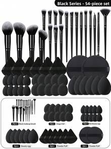 54pcs/20pcs/6pcs Complete Makeup Brush Set, Including 20 Soft Brushes Such As Powder Brush, Blush Brush, Contour Brush, Highlighter Brush, Foundation Brush, Nose Shadow Brush, Eyeshadow Brush, Eyebrow Brush, Lip Brush, And Detail Brush + 6 Triangle Sponges + 2 Round Sponges + 6 Liquid Beauty Eggs + 10 Finger Sponges + 10 Mini Beauty Eggs, Suitable For Beginners, Professional Makeup Artists, And Novice Beauty Practice Scenarios - Black - View 1