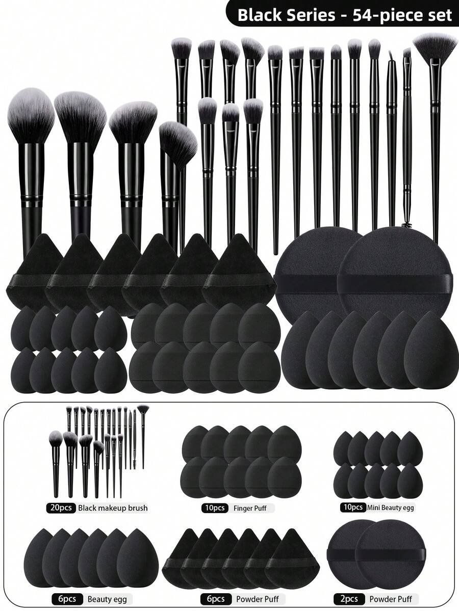 54pcs/20pcs/6pcs Complete Makeup Brush Set, Including 20 Soft Brushes Such As Powder Brush, Blush Brush, Contour Brush, Highlighter Brush, Foundation Brush, Nose Shadow Brush, Eyeshadow Brush, Eyebrow Brush, Lip Brush, And Detail Brush + 6 Triangle Sponges + 2 Round Sponges + 6 Liquid Beauty Eggs + 10 Finger Sponges + 10 Mini Beauty Eggs, Suitable For Beginners, Professional Makeup Artists, And Novice Beauty Practice Scenarios - Black - View 1