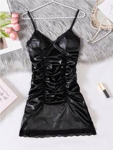 Sexy Lingerie Faux Leather Lace Trim Ruched Slip Dress - Black - View 10