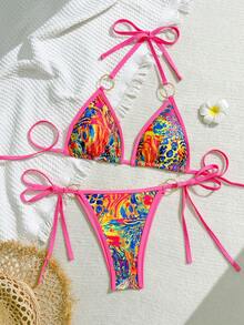 Conjunto de ropa de playa con estampado floral casual, con cordón y nudo en la espalda, adecuado para vacaciones de verano, escenario y concierto - Multicolor - Ver 4