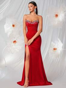 Đầm maxi nữ thanh lịch đính đá lấp lánh, dây mảnh, eo cao, xếp ly, xẻ tà cao, thắt eo, thích hợp cho dạ hội, dự đám cưới, tiệc gala, lễ hội, hẹn hò, tiệc tối trang trọng, tiệc sinh nhật, tiệc lễ hội, họp mặt gia đình. - Đỏ - Xem 8