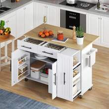 Kitchen Island With Drop-Down Front, Serving Cart With 3-Tier Pull-Out Organizer, Internal Storage Shelf, Rolling Trolley With Towel Rail And 2 Drawers For The Dining Room, White - 白色 - 查看 12