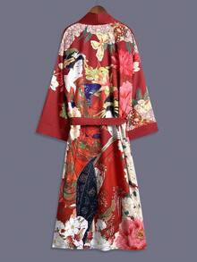 Floral Print Mid-Length 3/4 Sleeve Kimono Cover Up Thin Jacket, Elegant Casual Loose Outerwear For Women, Suitable For Beach, Travel, Vacation, Lightweight Robe Sash - Red - View 6