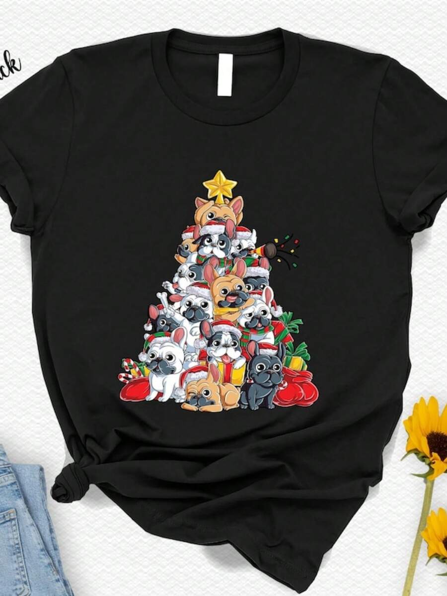 French Bulldog Christmas Tree Shirt, Animal Lover, Ugly Christmas, Dog Christmas Gift, Bulldog Lover - Negro - Ver 1