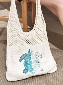Women's Woven Tote Bag, Sea Turtle & Shell Print - Large Capacity Beach Travel Bag, Durable Polyester Open Design, Suitable For Summer, Beach Trips And Shopping - White With Blue Accents, Beach Handbag, Exquisite Woven Pattern, Summer Accessory, Sturdy Construction, Perfect For Vacation - Multicolor - View 7