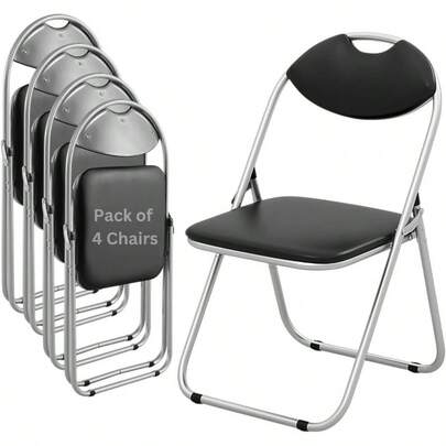 4-Pack Premium Folding Chairs – Black & Silver, Up To 105 Kg Weight Capacity, Sturdy Frame, Faux Leather Soft Padding, Easy To Clean – Foldable Chairs For Home, Dining, Office, Desk & Events