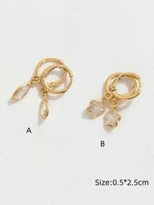 2pcs Star Flower Tear-Drop Zirconia Pendent Simple Earrings For Women, Daily Wear, Ramadan Jewelry - Yellow Gold - View 5