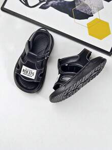 1 Pair Children's PU Open Toe Hook And Loop Flat Korean Style Handmade Sandals, Summer Baby Beach Shoes - Black - View 3