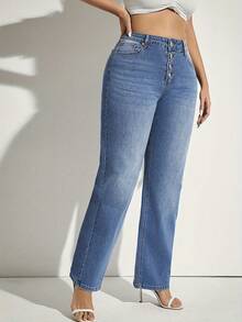 Plus Size Women's High Waist Jeans Button Fly Design High Waist Tummy Control Blue Straight Leg Jeans - 中等水洗藍 - 查看 3