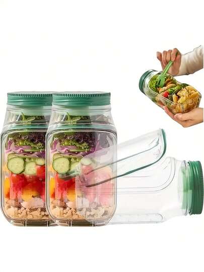 1pc Multi-Function Salad Container With Side Opening And Flip-Top Design, Includes Condiment Compartment, Microwave/Dishwasher/Refrigerator , Suitable For Lunch, Dinner, Office And Travel