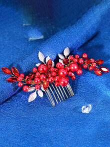 1pc Handmade Exquisite Faux Pearl Alloy Leaf Hair Comb, Women Wedding Party Prom Festival Headpiece, Valentine's Day Date Gift Hair Accessory - Red - View 3