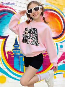 1pc Disney Minnie Mouse Tween Girl Playful Sweatshirt With Leopard-Patterned Letter A Character Print - Cozy & Easy-Care For Casual Outings & Relaxed At-Home Moments - 粉色 - 查看 2