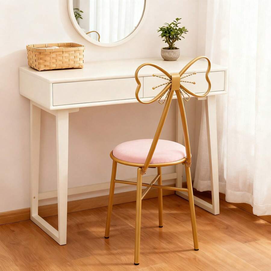 Light Pink & Dark Pink Butterfly Chair, Butterfly-Shaped Vanity Chair With Soft Cushion For Makeup Desk, Elegant Dining Chair, Accent Chair For Bedroom & Living Room, Gold Iron Frame, 220LBS Capacity - Leather Pink - 查看 1
