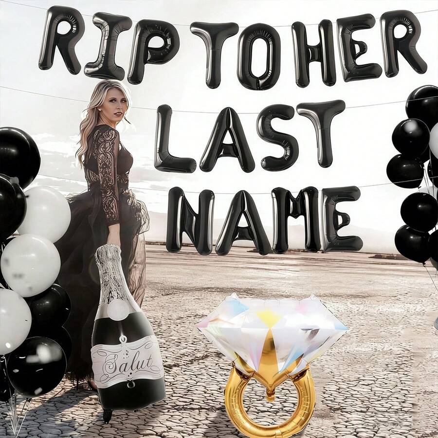 16/38件哥特式单身派对装饰气球套装,包含16英寸黑色“ To Her Last Name”字母气球、黑色酒瓶气球、钻戒气球,适用于单身派对装饰、哥特式单身派对装饰、订婚婚礼派对、黑色新娘送礼会装饰、告别单身生活、新娘送礼会装饰、趣味单身派对、新娘或死亡主题派对、婚礼订婚派对。 - 彩色 - 查看 1