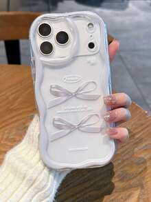 1pc Transparent Wavy Shaped TPU Soft Phone Case, UV Printed Gray Bow Slogan Pattern Compatible With Apple 7/8/7 Plus/8 Plus/X/XS/XR/XS Max/11/11 Pro/11 Pro Max/12/12 Pro/12 Pro Max/12 Mini/13/13 Pro/13 Pro Max/13 Mini/14/14 Pro/14 Pro Max/14 Plus/15/15 Pro/15 Pro Max/15 Plus/16/16 Pro/16 Pro Max/16 Plus/17/17 Pro/17 Pro Max/Air - Multicolor - View 2