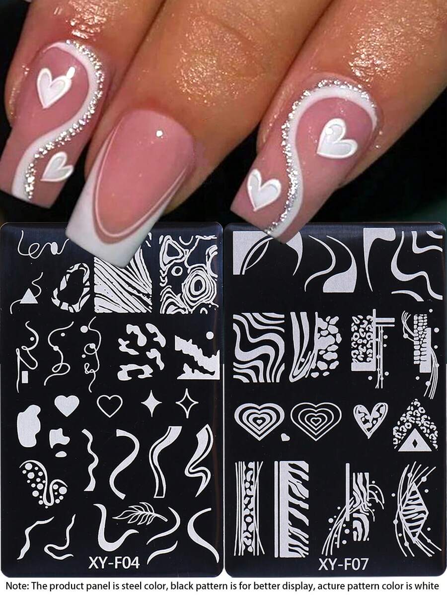 2件套心形法式美甲印花板，扎染心形图案，情人节钢制美甲模板，DIY印花模具，美甲配件工具，美甲用品 - 銀色 - 查看 1
