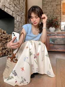 小巧精致的碎花松紧腰A字裙，春夏款 - 杏色 - 查看 6