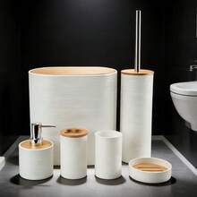4件/6件套现代简约浴室配件套装，条纹竹盖浴室梳妆台套装，塑料和竹制浴室用品，包括皂液器、牙刷架、漱口杯、皂碟、马桶刷、垃圾桶。浴室台面梳妆台套装，浴室必备品，浴室装饰，适合作为乔迁、节日、生日礼物。 - 白色 - 查看 1