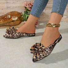 Sandalias de mujer tipo mule con punta puntiaguda, estampado de leopardo y lazo, versátiles para el verano - Marrón Mocha - Ver 3