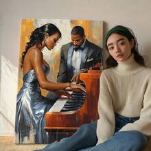 1pc Valentine Day Gift, Spring Wall Art, Christmas Decor Wooden Framed Wall Art, Wrapped Canvas Vintage Prints Poster, Man And Woman Playing Piano, Musical Performance, Formal Attire - Modern, Realistic Painting, Detailed, Classic Style, Birthday Party Decor, Decorative Wall Art for Living Room Bedroom Office, Hanging Hardware Included - Wrapped Framed Canvas, Vertical - Lienzo enmarcado - Ver 6