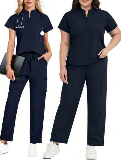 cimmuovere 2pcs Solid Color Pocket Top And Pants Pajama Set