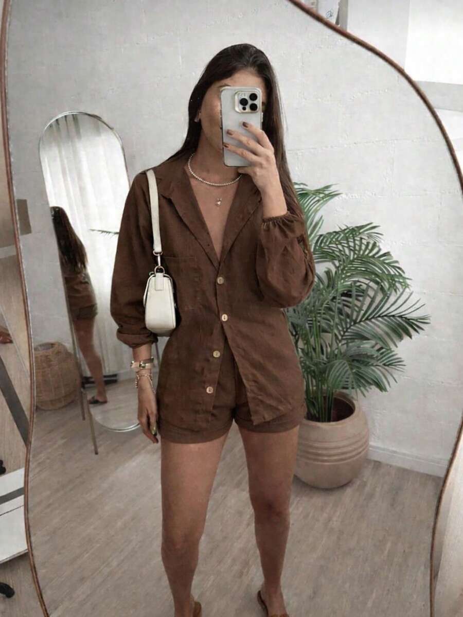 Women's Linen Long-Sleeved Set - Shorts And Shirt - 鏽棕色 - 查看 1