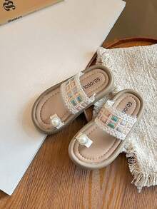 1 Pair Girls' Summer Pearl Lace Woven Thong Sandals, Children Soft Bottom Fashionable Outdoor Slippers - Beige - View 8