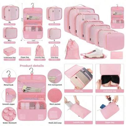10 Set Packing Cubes Various Sizes Packing Organizer Travel Accessories Luggage Carry On Suitcase - Pink