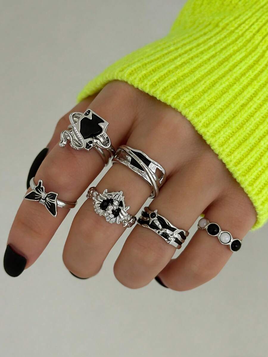 Bộ 6 chiếc nhẫn hình trái tim quỷ độc đáo, thiết kế tối màu, kiểu dáng quân bài, có thể xếp chồng lên nhau, dành cho nữ. - Bạc - Xem 1