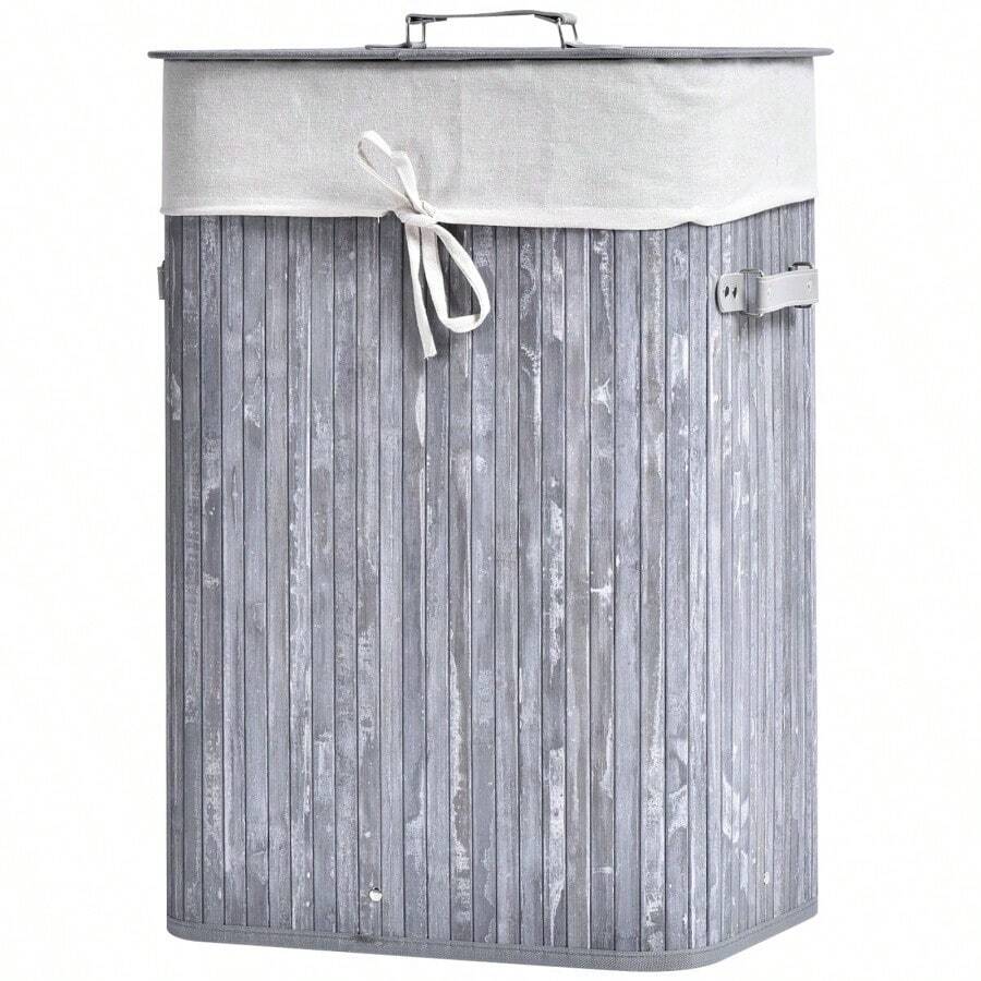 Laundry Basket With Lid, 72L Foldable Laundry Hamper, Washable Bamboo Laundry Bag With Handles, Grey, 40x30x60cm
